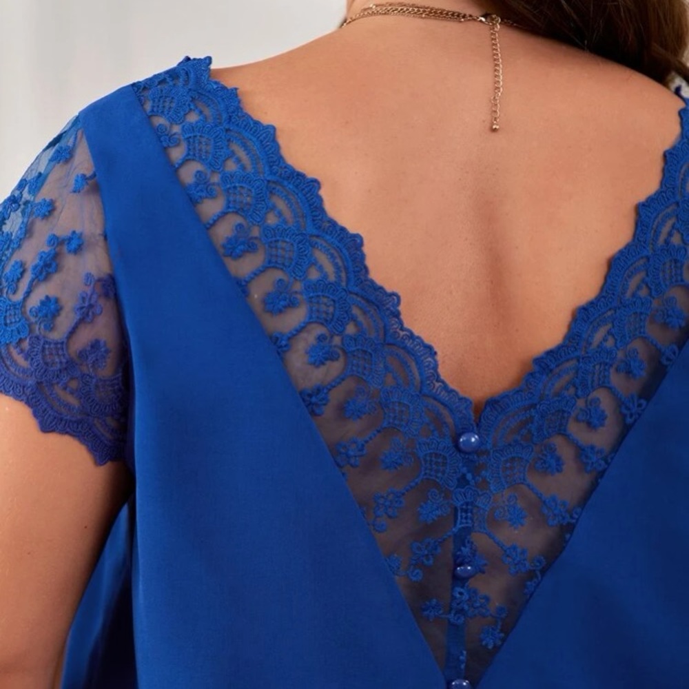 Plus size luxe contrast embroidered lace mesh blouse - Picture 16 of 16